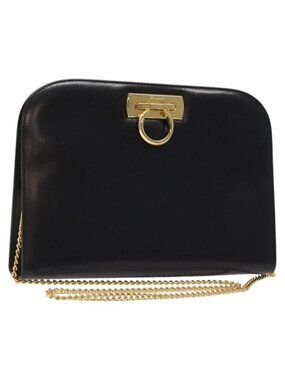Authentic Salvatore Ferragamo Chain Shoulder Bag Leather Black Gold